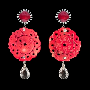 INTERCHANGEABLE RUBY DOUBLET EARRINGS WITH DEATH CORAL FOSSIL PENDANTS AND ROCK CRYSTAL DROPS