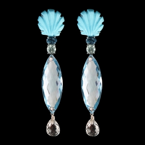 INTERCHANGEABLE BLUE SEASHELL TURQUOISE EARRINGS WITH BLUE TOPAZ PENDANTS AND ROCK CRYSTAL DROPS