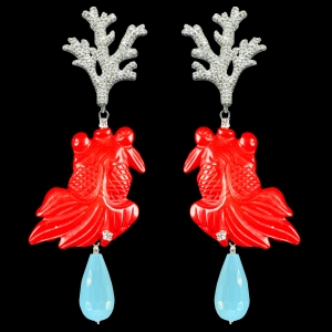 INTERCHANGEABLE BRANCHES EARRINGS WITH CORAL FISH PENDANTS AND TURQUOISE DROPS