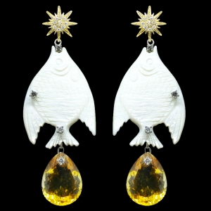 INTERCHANGEABLE SUN EARRINGS WITH MOTHER OF PEARL FISH PENDANTS AND CITRINE QUARTZ DROPS