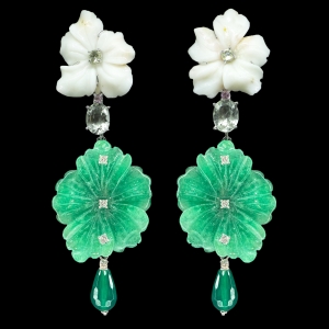 INTERCHANGEABLE CORAL FLOWER EARRINGS WITH GREEN JADE FLOWER PENDANTS AND GREEN AGATE DROPS