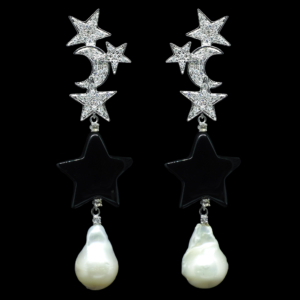 INTERCHANGEABLE STAR AND MOON EARRINGS WITH ONYX STAR PENDANTS AND BAROQUE PEARLS