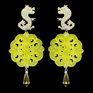 INTERCHANGEABLE DRAGON EARRINGS WITH YELLOW QUARTZ PENDANTS AND PYRITE DROPS