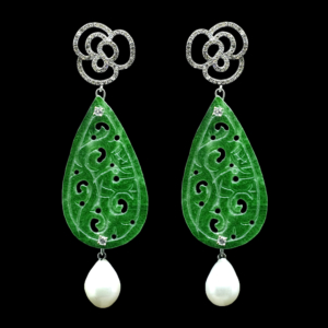 INTERCHANGEABLE FLOWER EARRINGS WITH GREEN JADE PENDANTS AND PEARLS