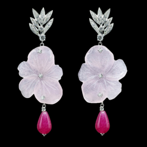 INTERCHANGEABLE LEAF EARRINGS WITH PINK ROCK CRYSTAL AND FUCHSIA QUARTZ DROPS