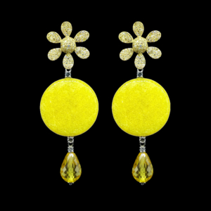 INTERCHANGEABLE FLOWER EARRINGS WITH YELLOW QUARTZ PENDANTS AND YELLOW CRYSTAL DROPS