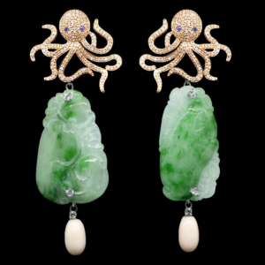 INTERCHANGEABLE OCTOPUS EARRINGS WITH GREEN JADE PENDANTS AND CORAL DROPS