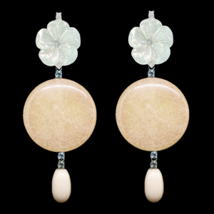 INTERCHANGEABLE MOTHER OF PEARL FLOWER EARRINGS WITH PINK QUARTZ PENDANTS AND CORAL DROPS